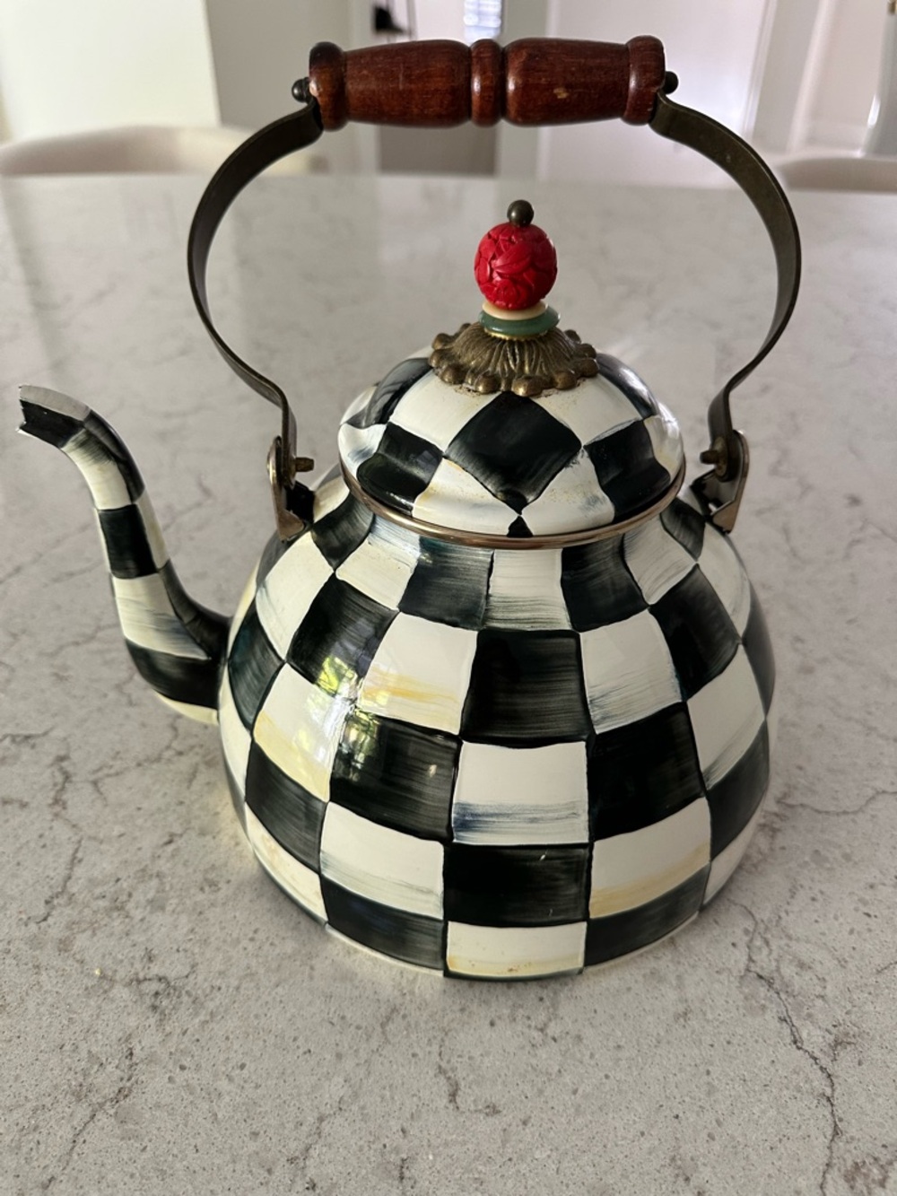 MacKenzie-Childs Black and White Check Teakettle with Red Finial